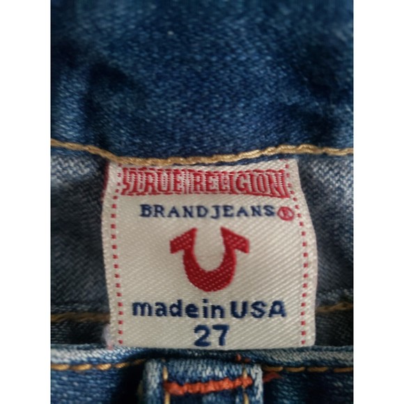 True Religion Jeans Women’s 27 Blue  Bell Bottom Distressed 100% Cotton - Picture 6 of 10